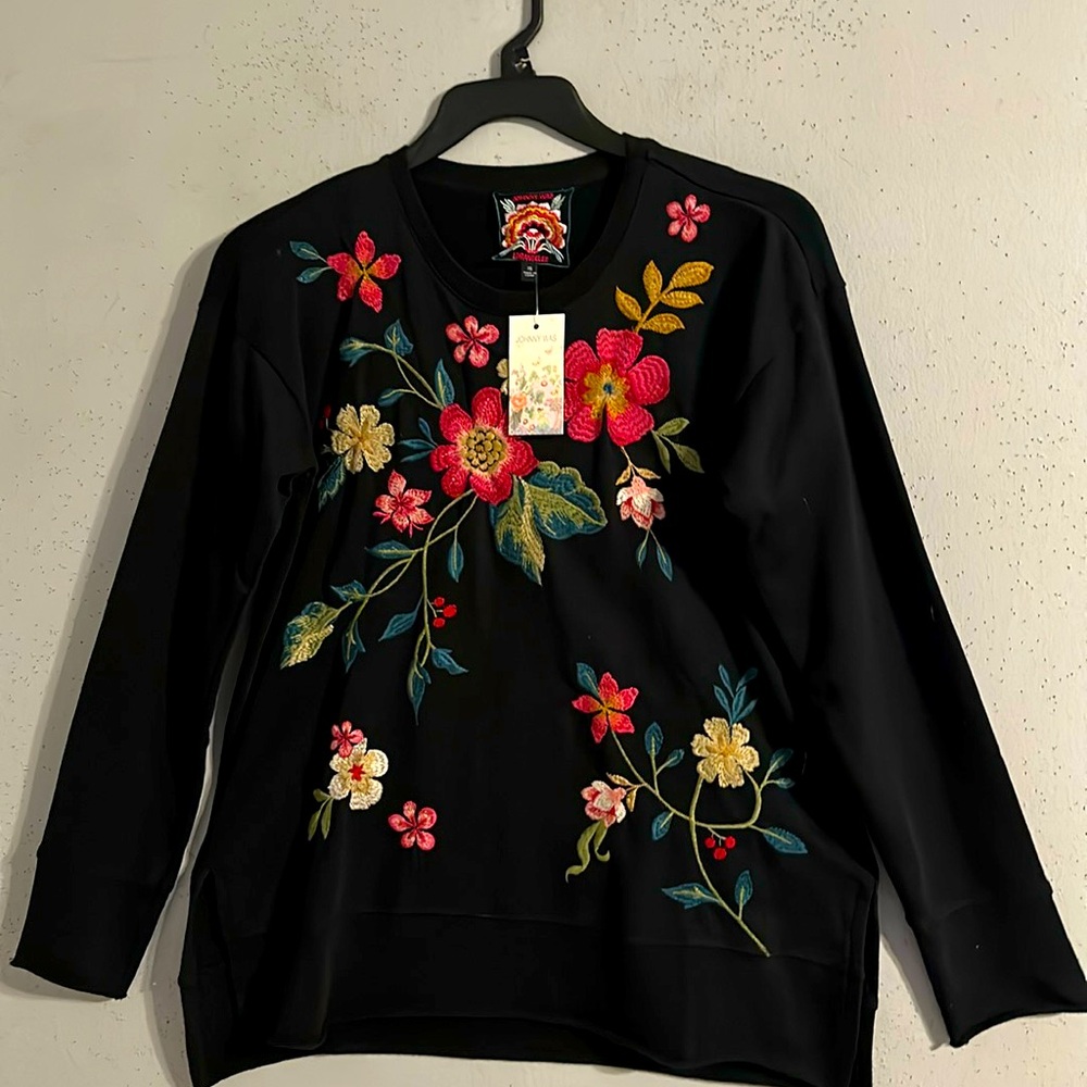 Johnny Was Black Sweatshirt with Pink and Gold Embroidery NWT oversized